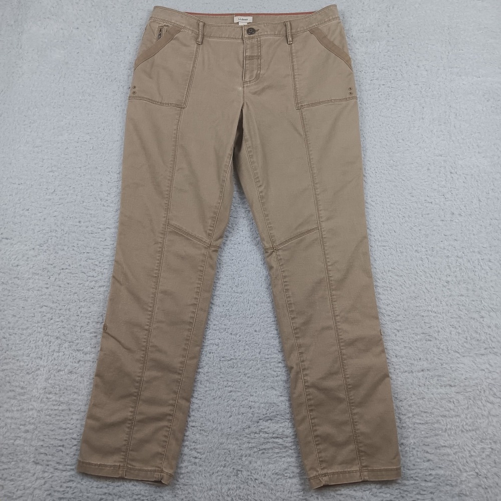 LL Bean Utility Cargo Pant Women 12 Tan Straight Leg Stretch Outdoor 500305